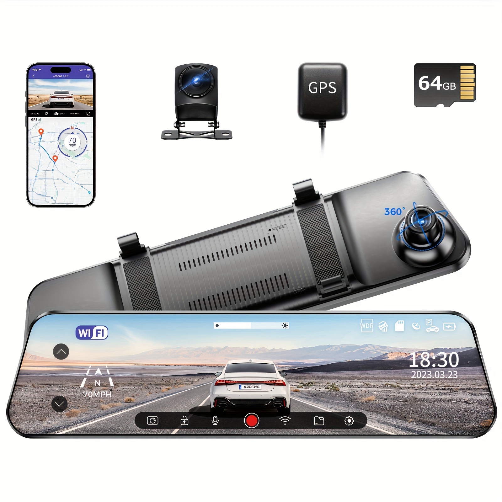 

2k Uhd With Backup Cam, Azdome Pg17 12'' Camera For Cars, Front 170° And Rear 150° Wide Visual Angle, View Built Wifi, , Parking Assistance, Gps, Wdr, 64g Card Included, .