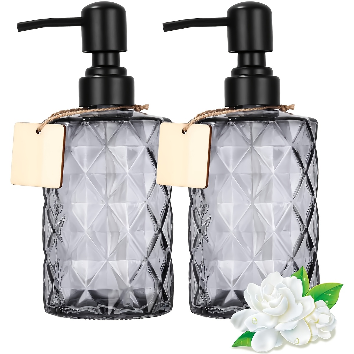 Image of Soap Dispenser Glass Black Grey Pack Of 2 Washing Up Liquid Dispenser With 2 Wooden Labels And Pump Head 350ml Soap Dispenser For Bathroom Kitchen Worktop Hand Soap Shampoo Shower Gel
