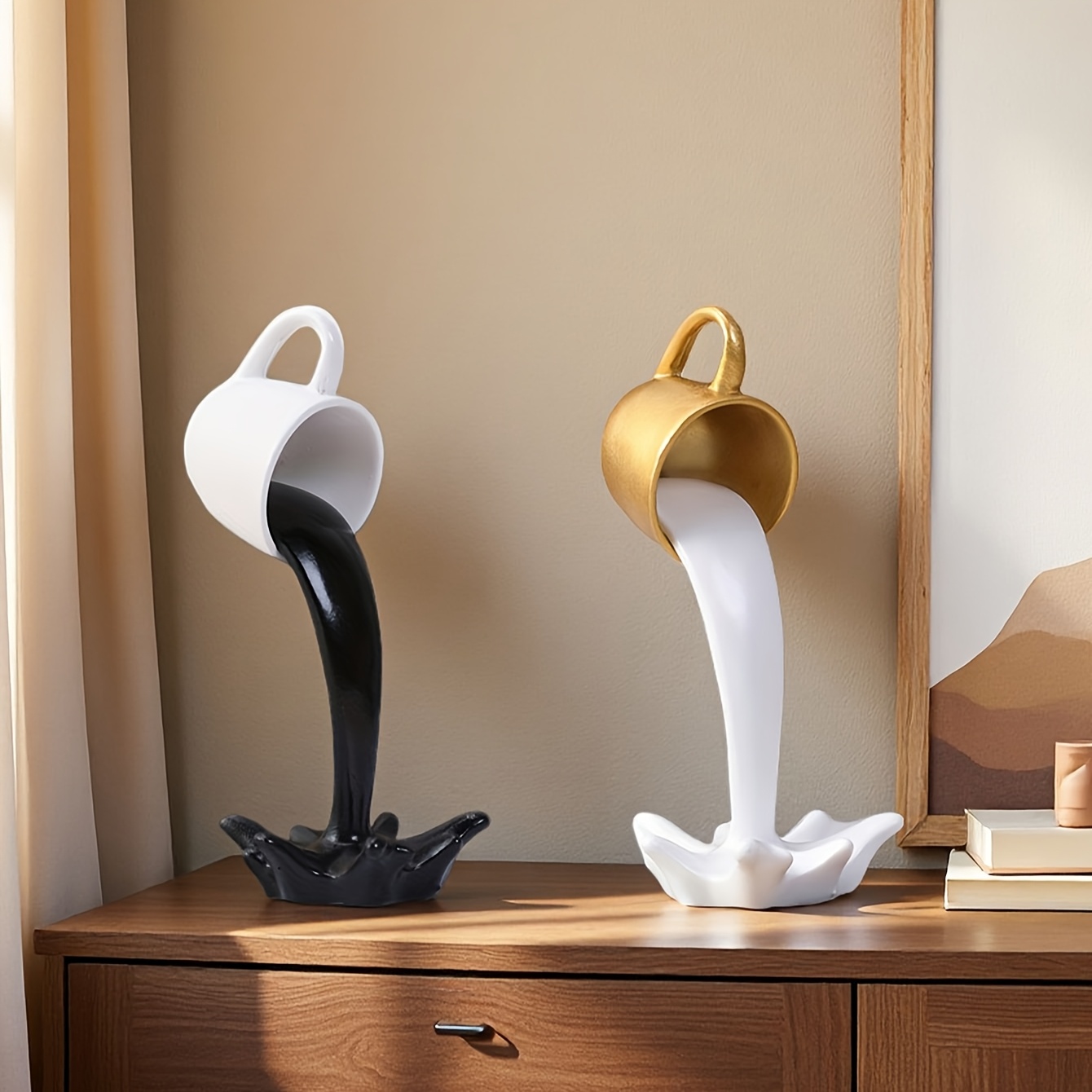 TEMU Set Of 2 Golden And Black Resin Coffee Cup Decorations, Flowing Creative Mug Ornaments, Exquisite Artistic Gag Gifts For Decor.