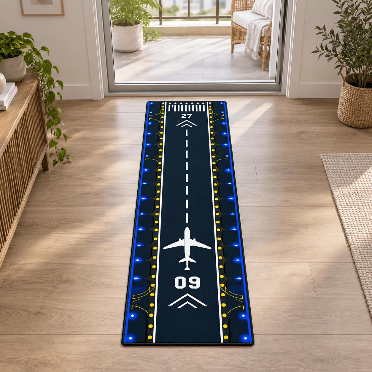 TEMU 1pc, Airport Carpet, Blue Airplane Print Carpet, Luminous Landing Home Decor Runner, Soft And Fluffy Walking Carpet, Suitable For Modern