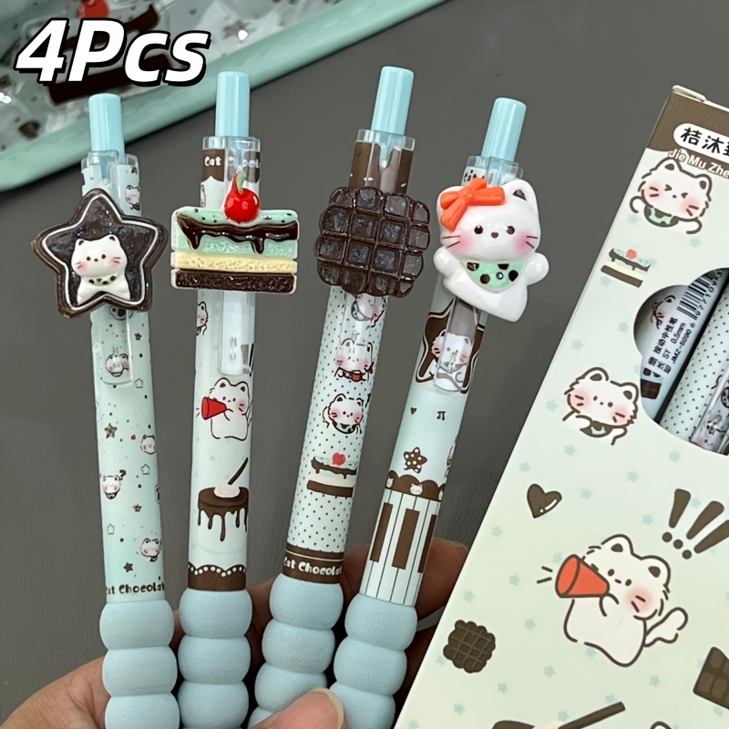 TEMU 4-pack Mint Chocolate Cat Pendant Press-button Pen, Mousse Style 0.5mm Quick-dry Ink Non-bleeding Paper Light Mint Base Cake Kitten Print Pen
