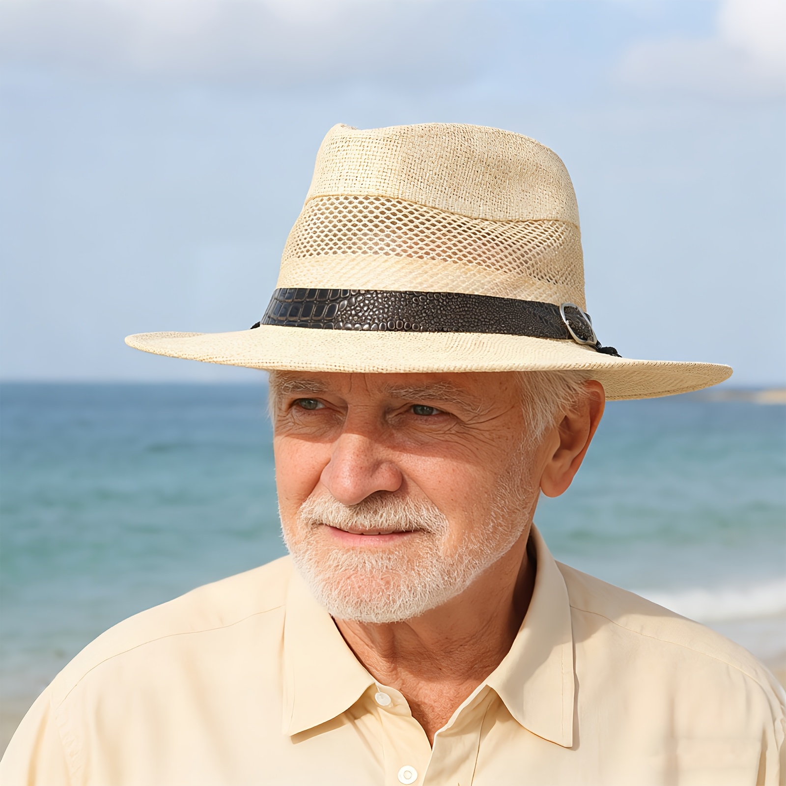 Image of Men's Straw Braid Fedora Hat, Wide Brim Sun Hat, Fisherman Hat, Casual Wear Hat, Ideal Gift For Boyfriend/husband/dad