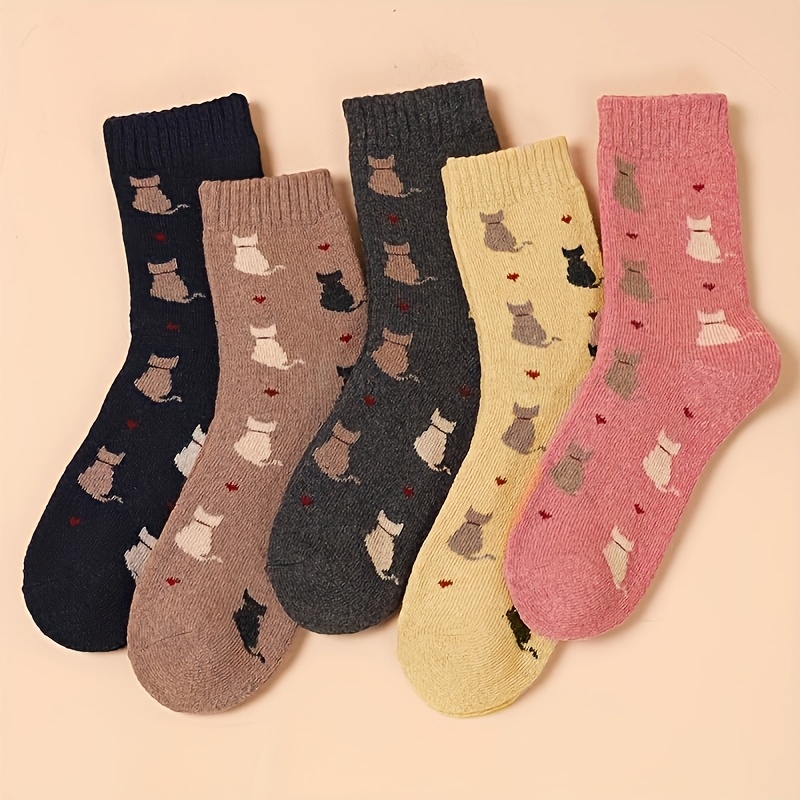 Temu 5 Pairs Women's Thick Warm Mid-Calf Socks With Plush Cartoon - Soft, Cozy, And Cute Long Tube Looped Socks For Daily Wear, Home, Leisure, And-image