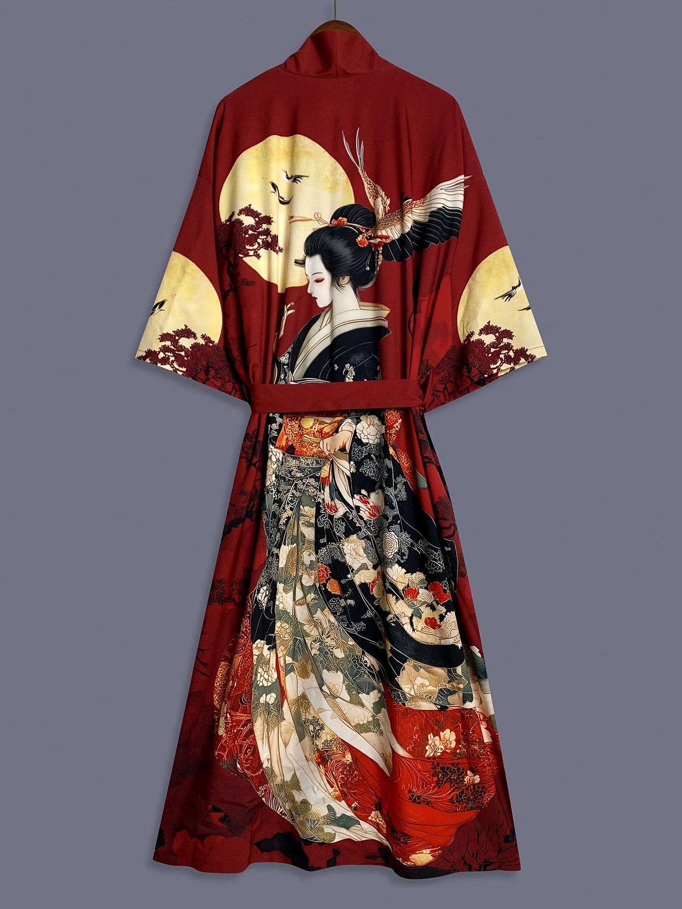 traditioneller ethnischer japanischer vintage-schönheitsdruck, mittellanger satin-kimono-cardigan mit  -achtel ärmeln, dünne oberbekleidung für damen, europäischer amerikanischer eleganter -style, lässiger lockerer überwurf, dünner umhangmantel im japanischen stil uchikake für strand, reisen