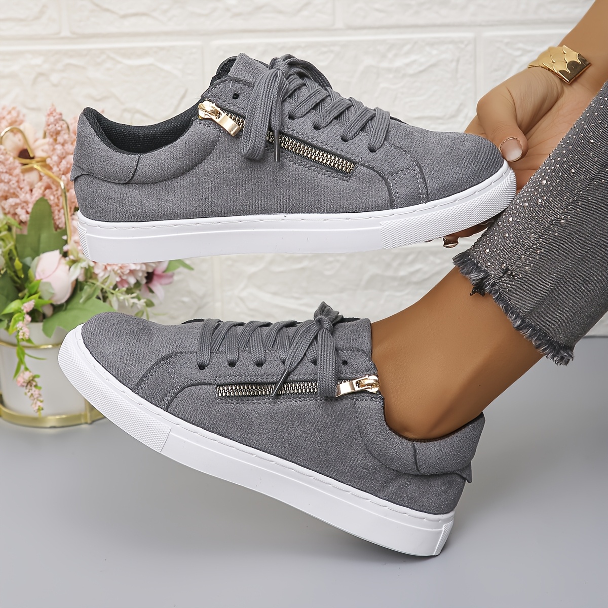 Image of New Women's Fashion Casual Trendy Vacation Gray Versatile Breathable Lightweight Side Zipper Women Shoes, Sneakers