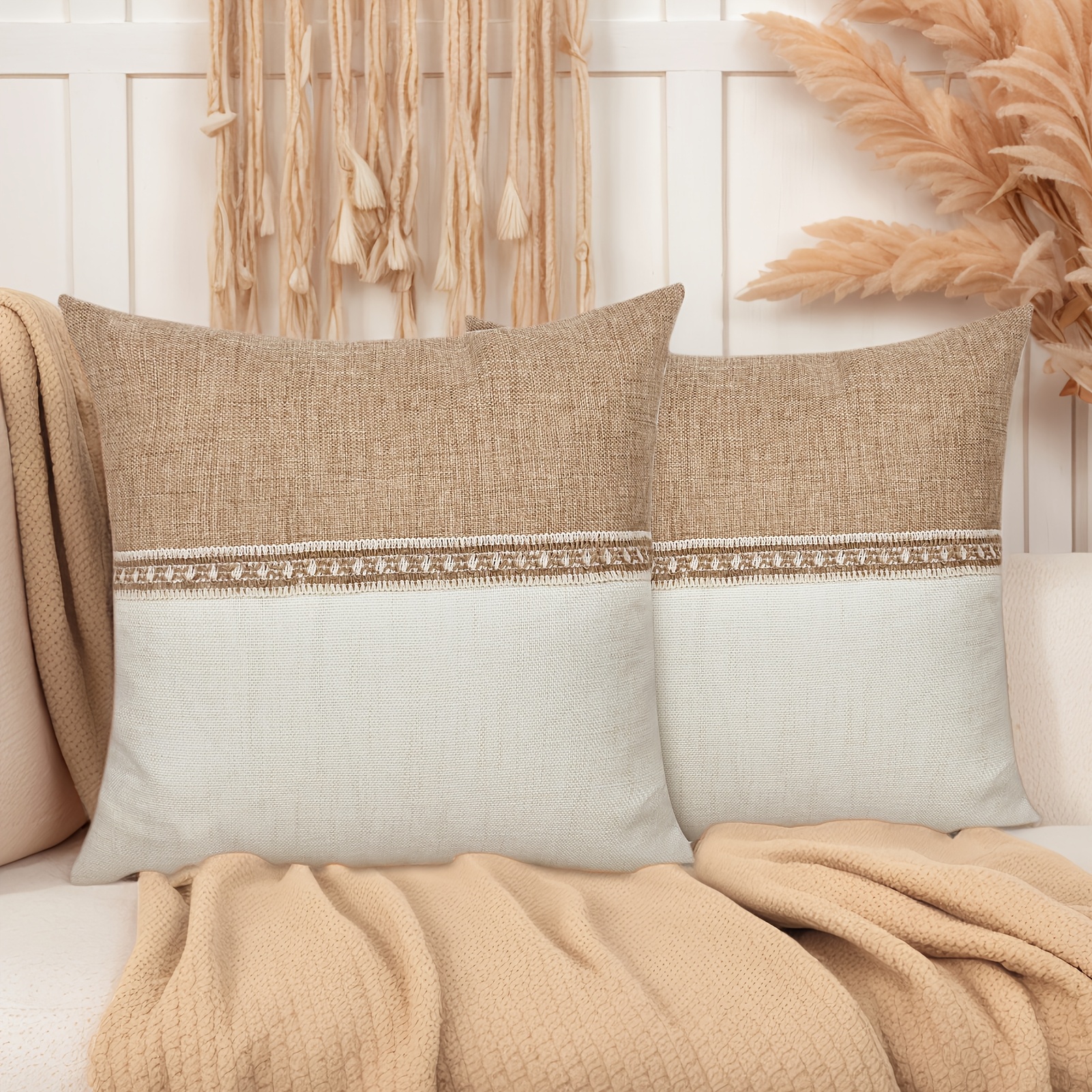 E-shop 2er-Set, Boho Jute Seil Kissenbezüge, Strukturierte Patchwork Bauernhaus Kissenbezüge, Polyester Dekorative Kissenhüllen für Couch Sofa
