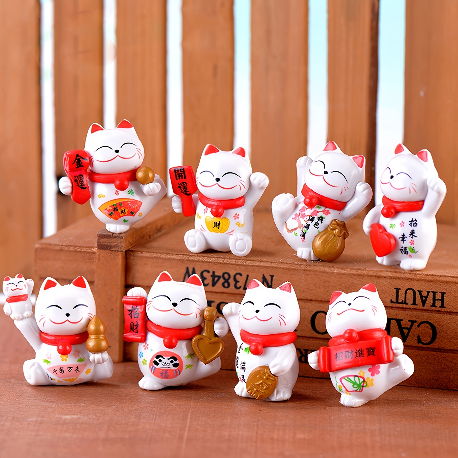 

8pcs Cute Lucky Cat Figures, Animal Cat Characters Mini Figure New Year Collection Playset, Cat Toys Set Cake Toppers, Plant Automobile Decoration, Landscape Scenes