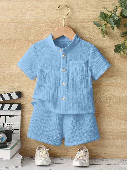 youth short sleeve stand collar casual outfit beige cotton shirt with front pocket matching shorts set summer wear for everyday clothing collared top cotton fabric for outdoor