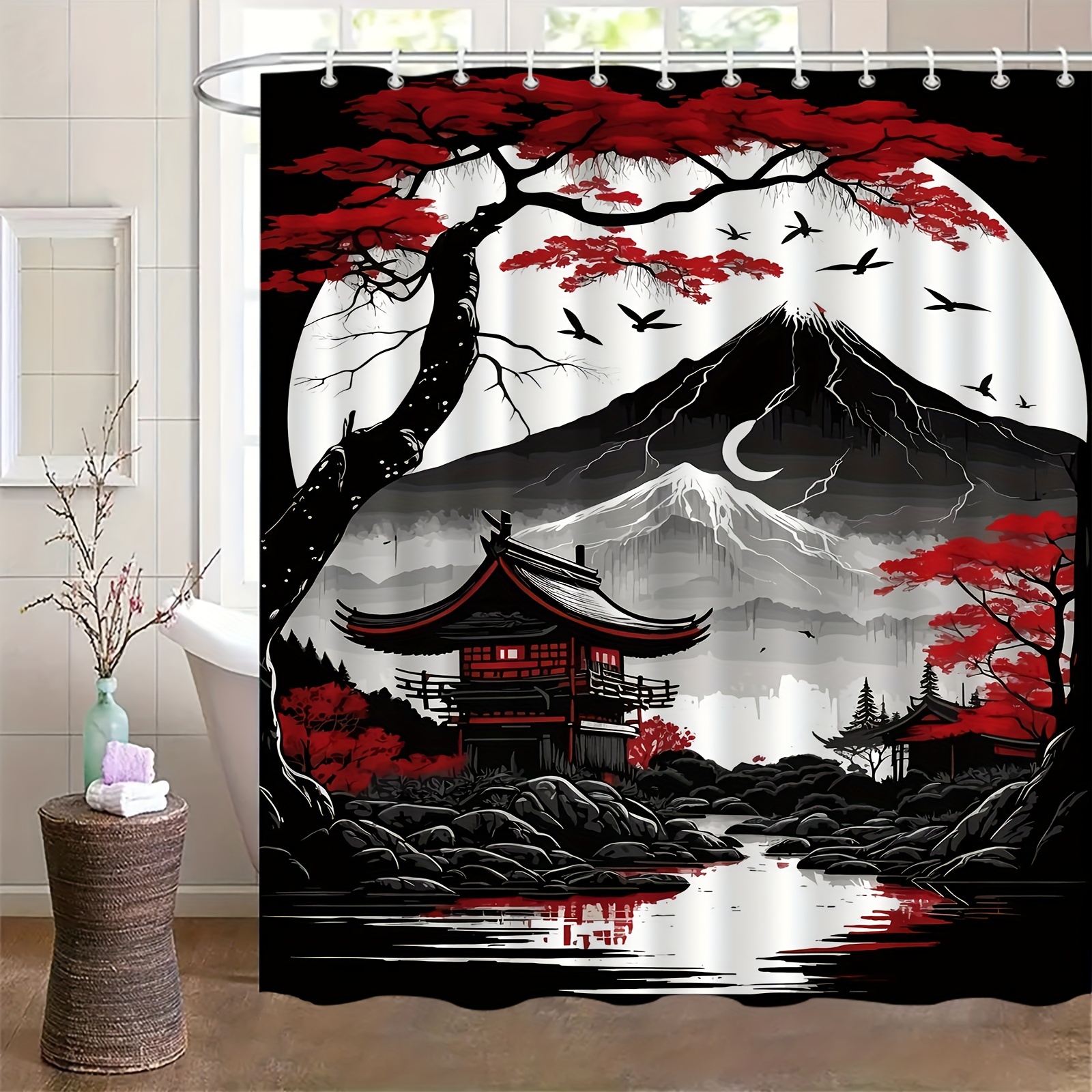 

Japanese Landscape Shower Curtain With Mount Fuji Scenery, Elegant Water-resistant Bathroom Decor, Polyester Knit Fabric With Hooks, Universal Holiday Themed, Machine Washable, Architecture Design