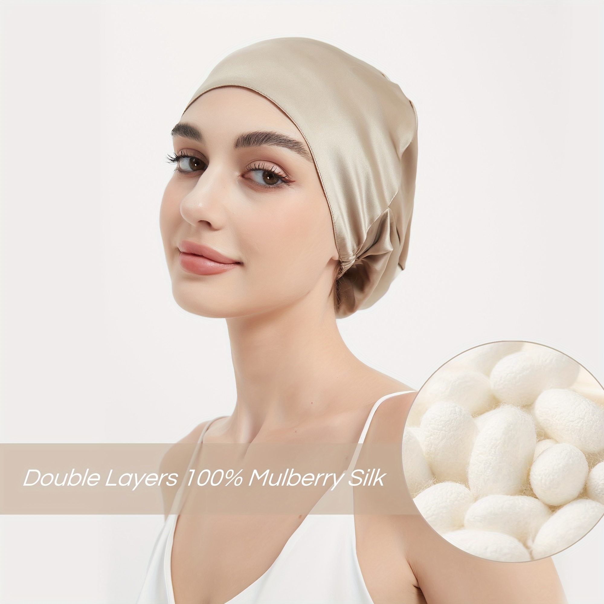 

RACHELSILK Bonnet de Nuit en Soie de 100% Double Couche - Bande Élastique Ajustable, Protection pour Cheveux, Beige, Facile à Enfiler, Réduit les Frisottis et les Pointes Fourchues