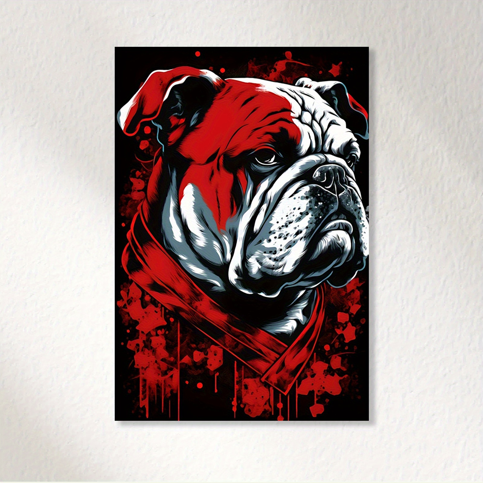 TEMU 2d Flat, 1pc English Bulldog Wall Art Frameless Canvas Painting - Red Black Suitable For Bulldog Lovers, Modern Minimalist Dog Picture For Man