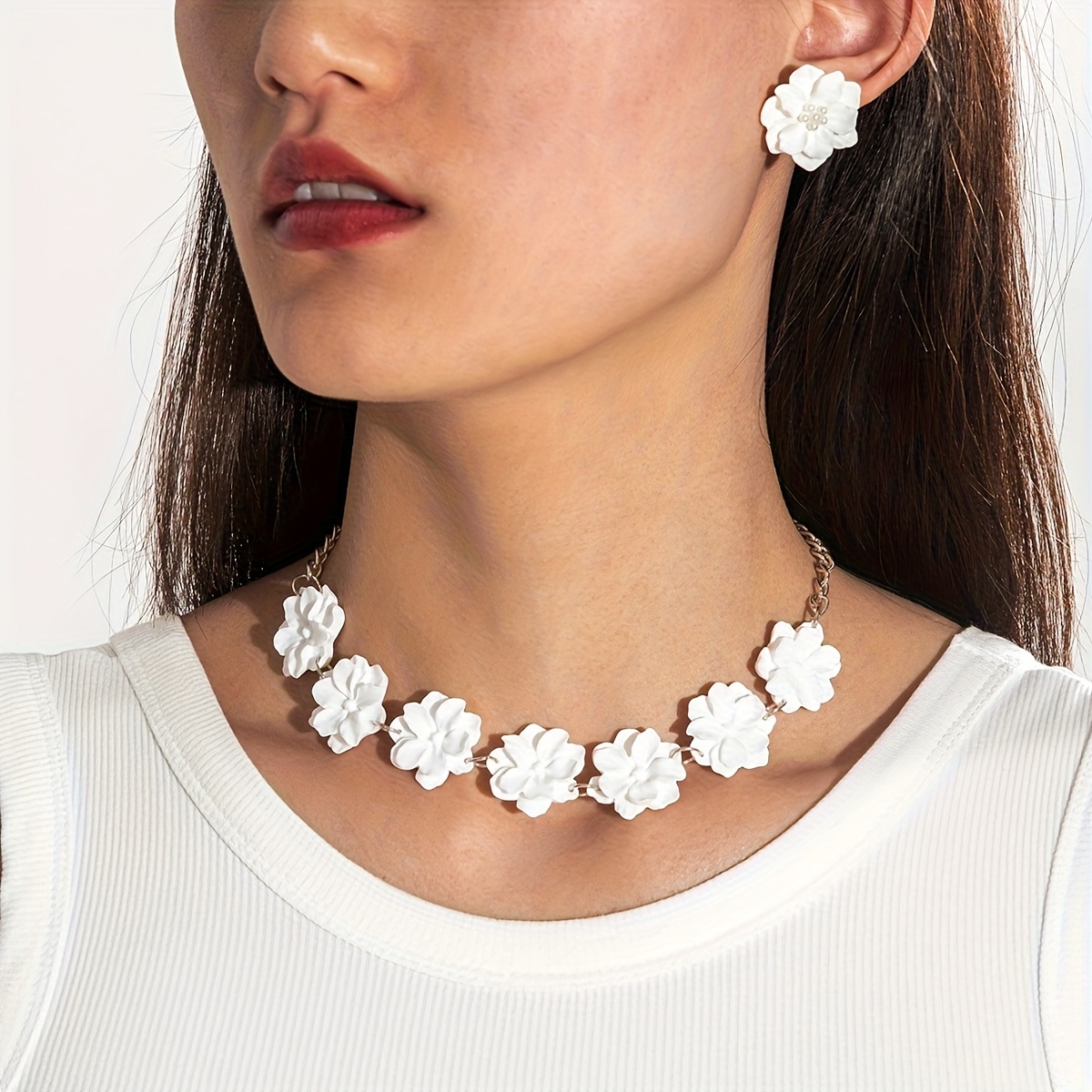E-shop 1 Halskette + 1 Paar Ohrringe Set, , niedlicher frischer Stil, Kamelienblumen-Kettendesign, Damenschmuck-Set, geeignet für Abschlussbälle,