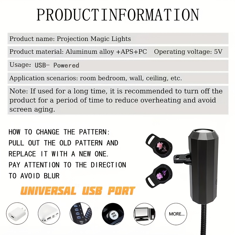 floral pattern projection light features three interchangeable patterns   and pink its a decorative ceiling light a portable usb gadget that rotates 360 and a creative holiday gift     a romantic atmosphere Product details 5