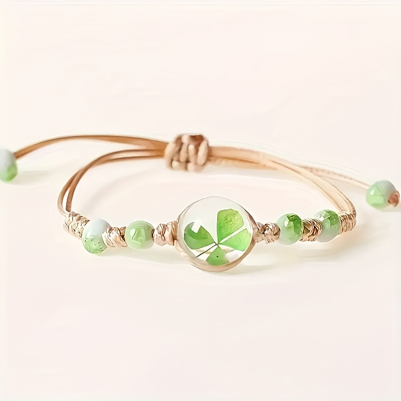 Adjustable Boho Dried Flower Bracelet with Four Leaf Clover Charm