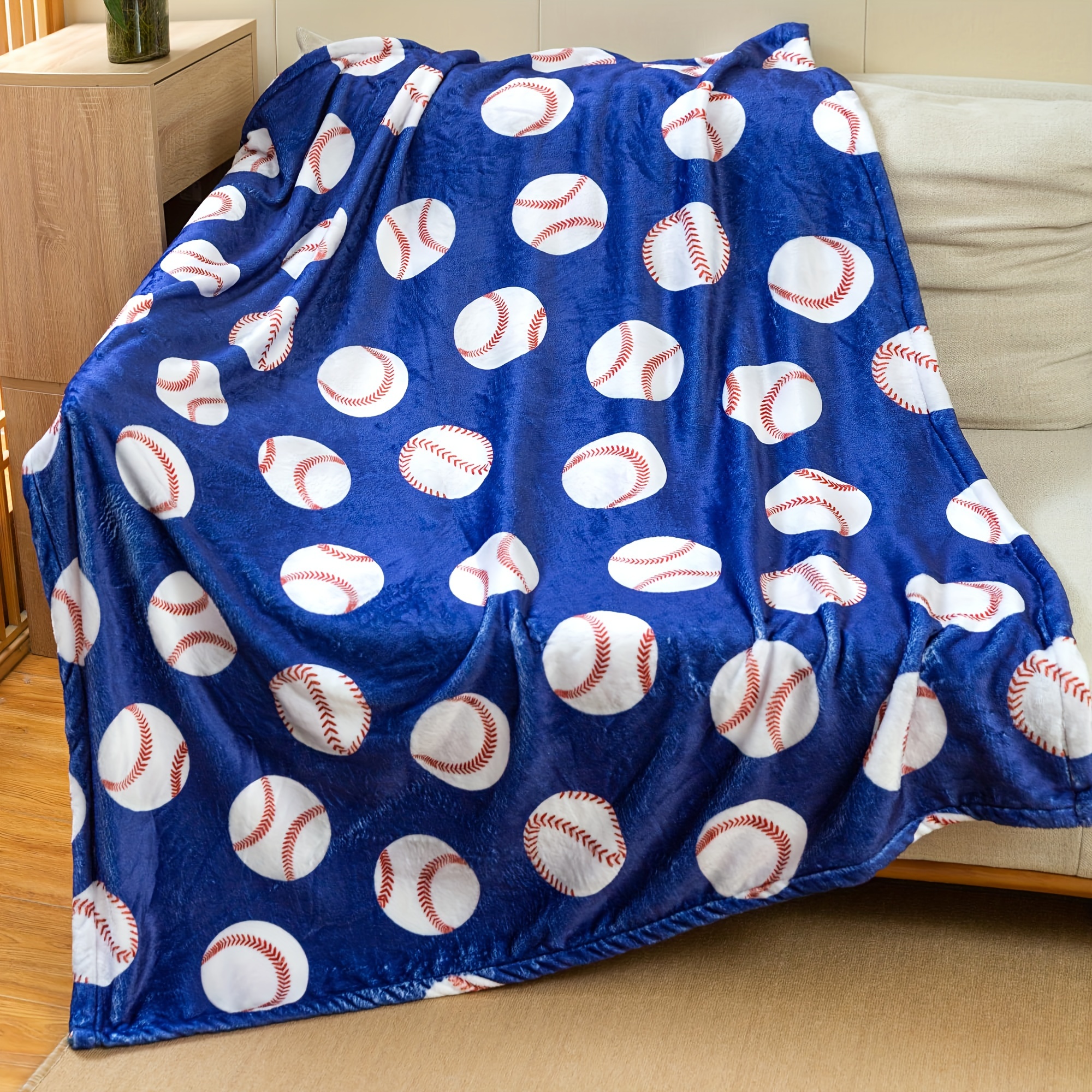 

Reversible Baseball Print Flannel Throw Blanket - All Season Multipurpose Knitted Polyester Bedding For Couch, Sofa, Home Decor - Theme Gift For Adults