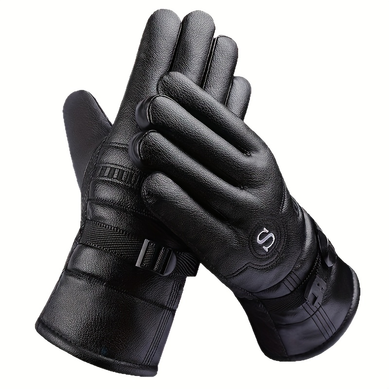 TEMU 1 Pair Large Thickened Fleece-lined Leather Gloves For Outdoor Cycling And Skiing, Winter Sports, Winter Sports Gear, Winter Sports Equipment