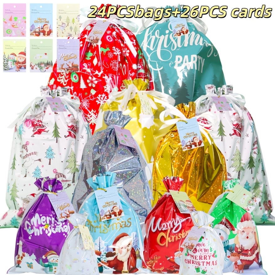 TEMU 50pcs Christmas Gift Bags(24pcs Bags+26pcs Cards) - 5 Sizes (jumbo/xl/l/m/s) Drawstring Closure, 12 Festive Patterns - Fast Wrapping Party
