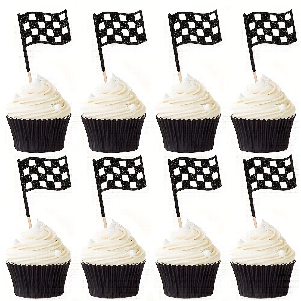 12pcs Checkered Racing Flag Cupcake Toppers Black Glitter Race Car Finish Line Checkered Flag Cupcake Picks For Race Car Flags Theme Birthday Party Cupcake Decorations Supplies