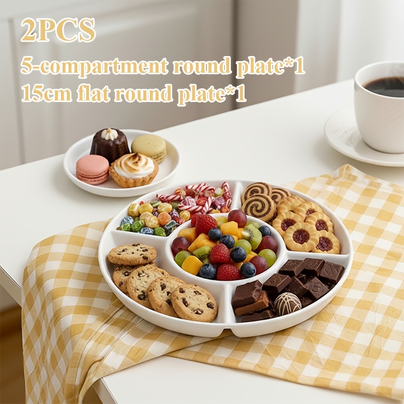 2pcs, White Plastic Dinnerware Set, Split Plate And Dessert Plate, Food Grade, Drop Resistant, Stackable, Safe, Home Commercial Use, Food Serving, Outdoor Dinner