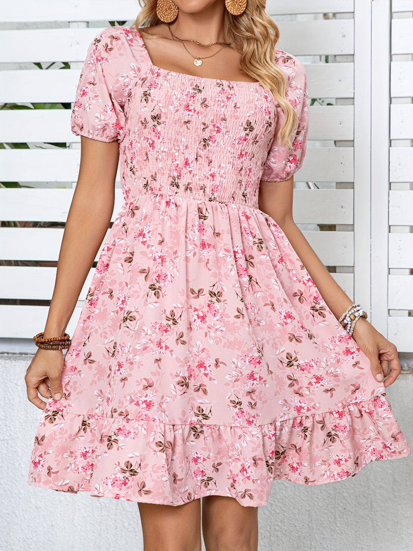 womens floral   neck bell sleeve dress knee length smocked waist summer dress with puff sleeves fitted vacation beachwear machine washable lightweight fabric stylish   texture