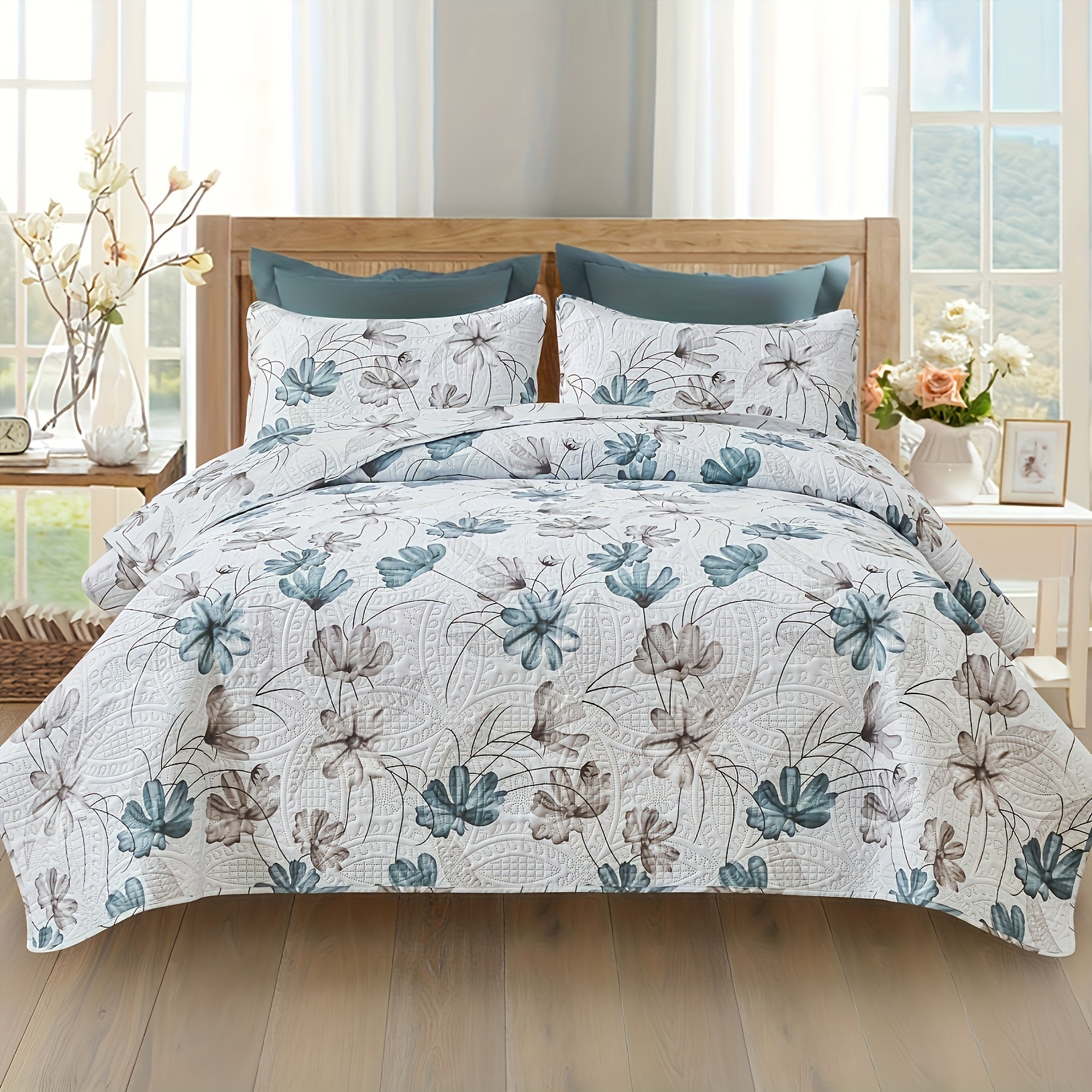 

2/3pcs Floral White Quilt Set - Reversible Quilt Bedding Set, Lightweight Bedspread, Soft Botanical Bed Coverlet Set For All Seasons(1*quilt +1/2*piollw Shams)