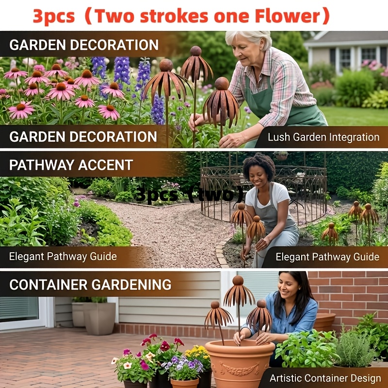 E-shop 【3D】 [3D] 3-teilige rostige Eisenblumen Gartendekoration Plakette｜Outdoor Gartenlandschaft Plakette Retro pastorales Eisenblumen Plakette,