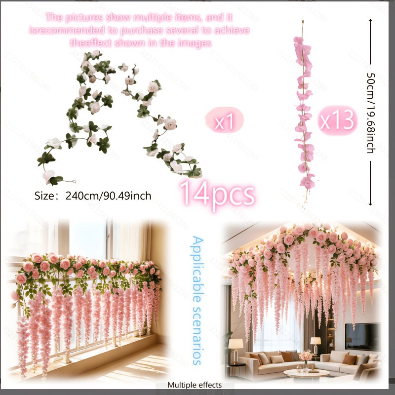 TEMU Ensemble de 14 pièces de , rotin et fleur de rose, durable et facile à suspendre, idéal pour , les arcs de décoration de mariage, les terrasses,
