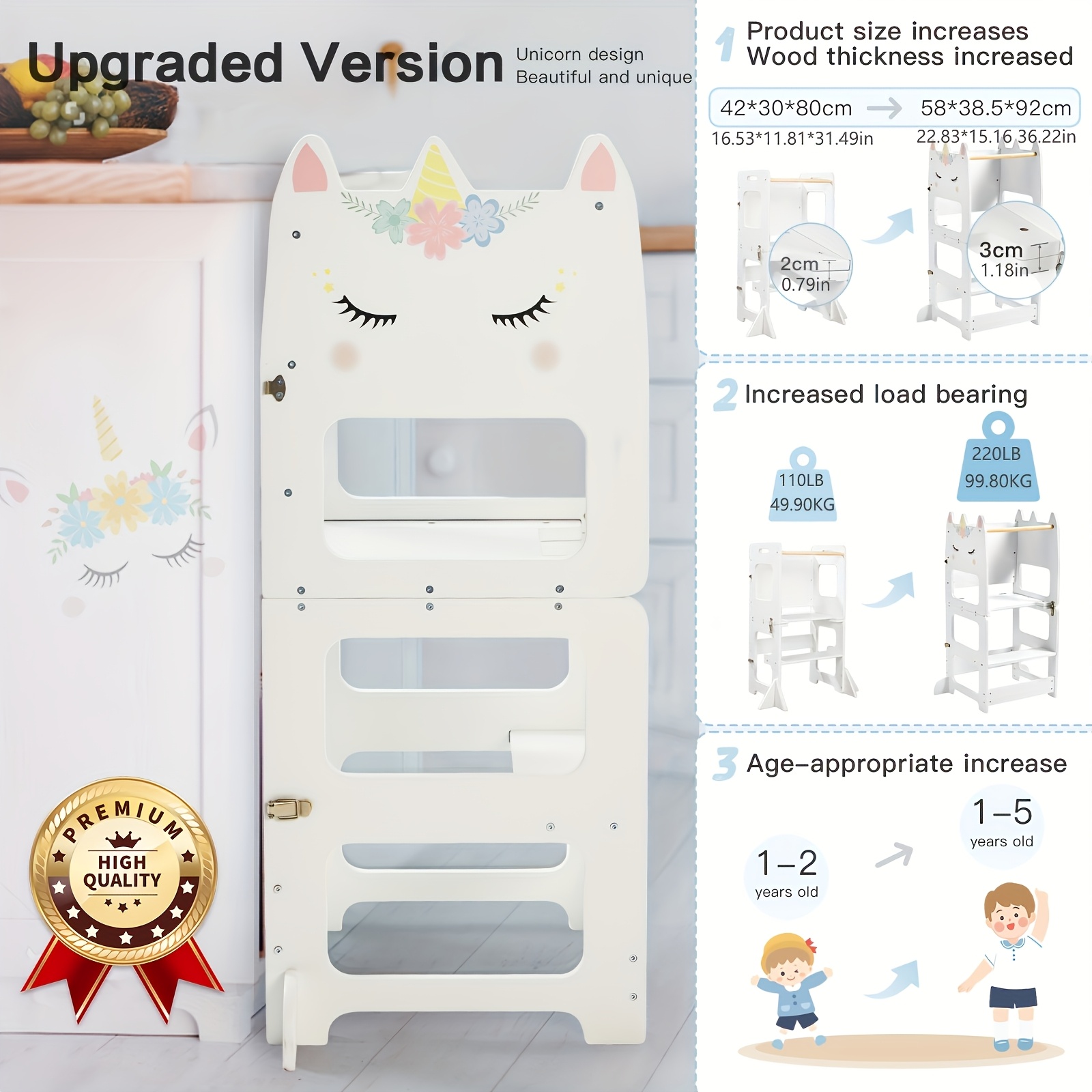 Wooden Foldable Learning Tower with Blackboard - 3-In-1 Step Stool And Assisted Standing Tower, Foldable Kids Table And Chair Set, for Toddlers 18+ Months