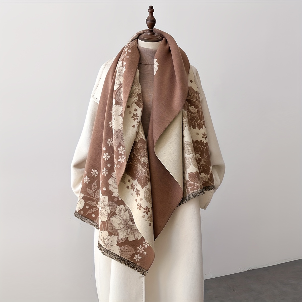 

Stylish Floral Jacquard Scarf For Women - Soft Fleece, Warm & Windproof Shawl In Brown & Beige With Fringe Detail, Autumn And Winter Outfits, Accessory | Floral Jacquard Design | For