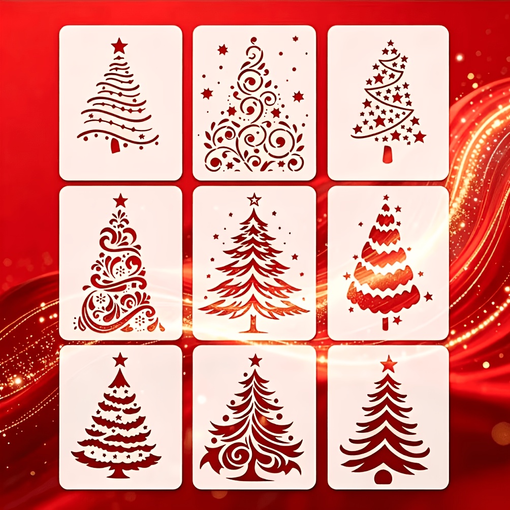 TEMU Stencil riutilizzabili per albero di Natale, confezione da 9, stencil albero a stella natalizia per pittura, insegna in legno decorazione murale