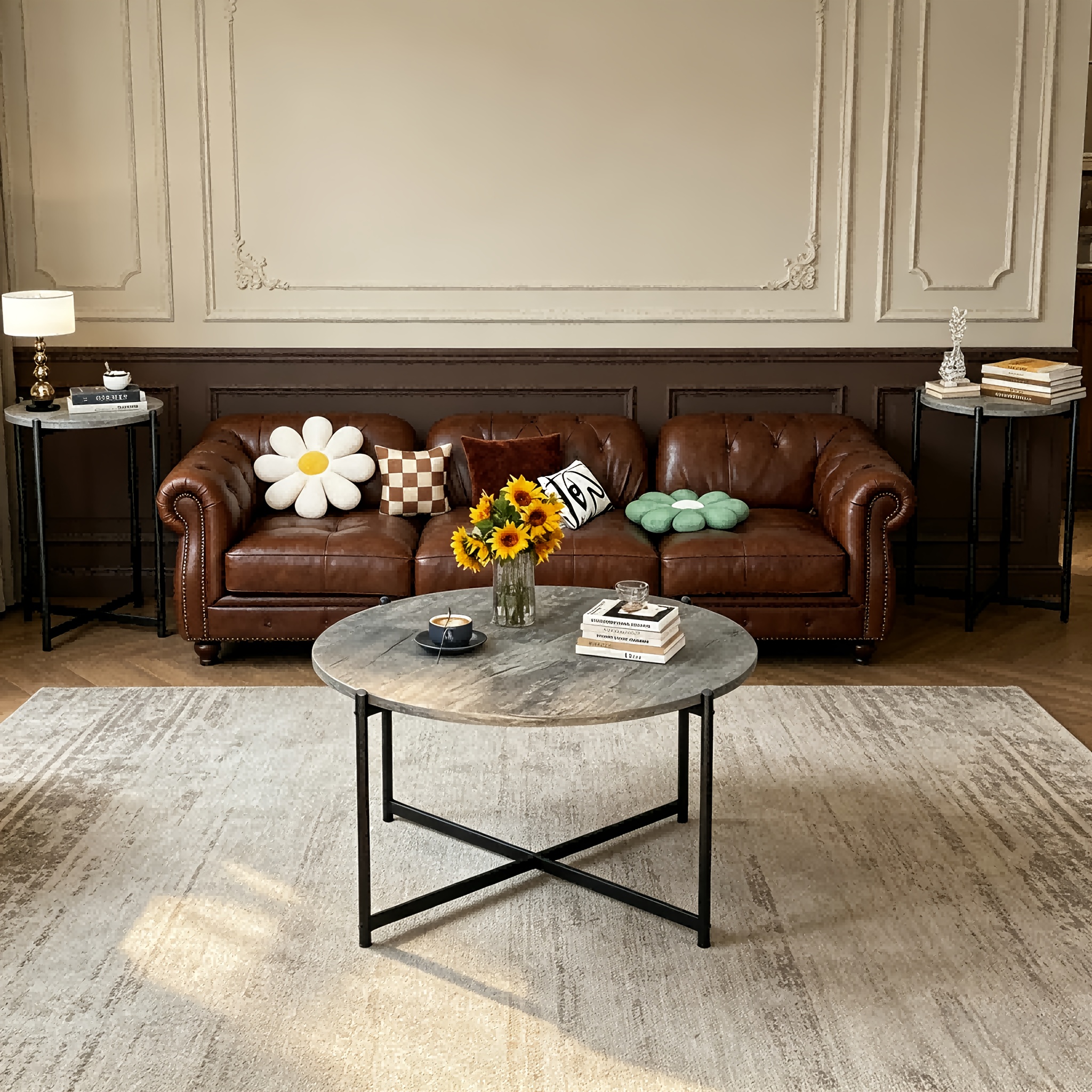 Nesting Coffee Table Set of 3, Round Side Tables with Cross Metal Frame, Modern Stacking End Tables for Living Room, Bedroom, Small Space