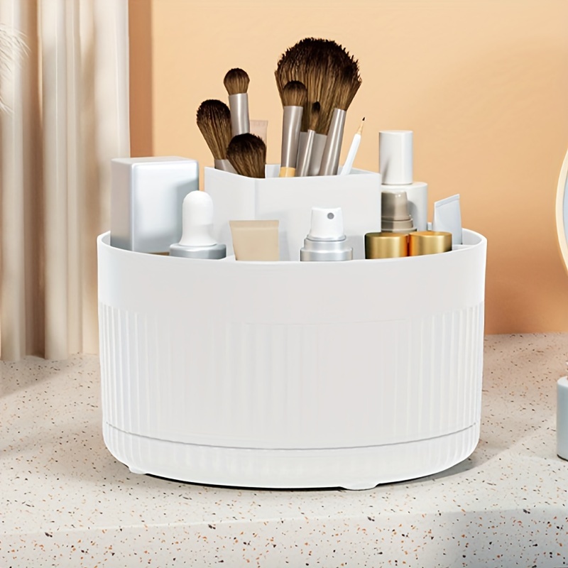1pc sleek white 360 degree rotating makeup organizer multi function cosmetic storage box with textured design durable plastic no   ideal for brushes skincare products beauty tools makeup brush holder Product details 0