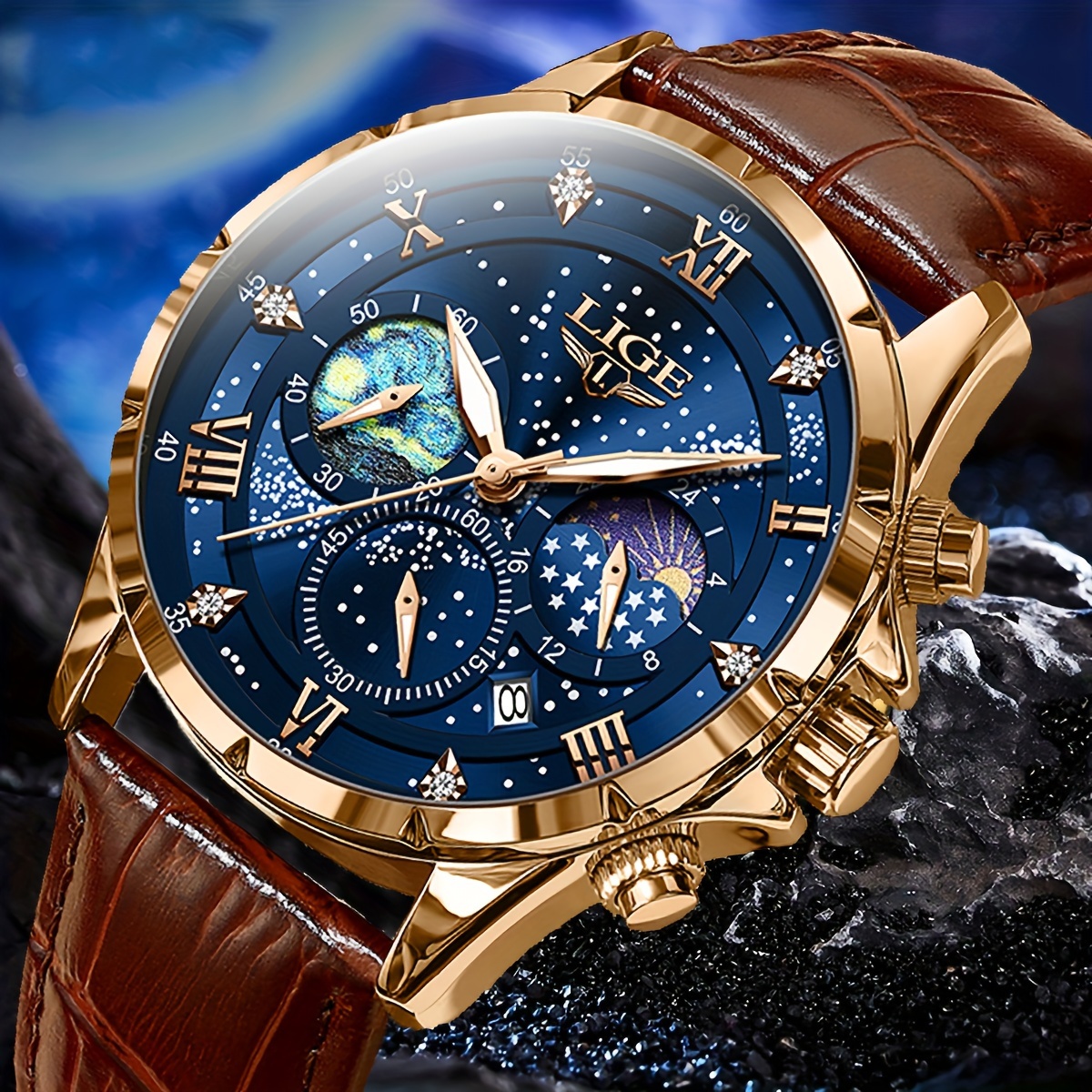 

Casual Men's 3 Eyes Quartz Watch, Waterproof Glow Lunar Phase Multifunctional Calendar Watch