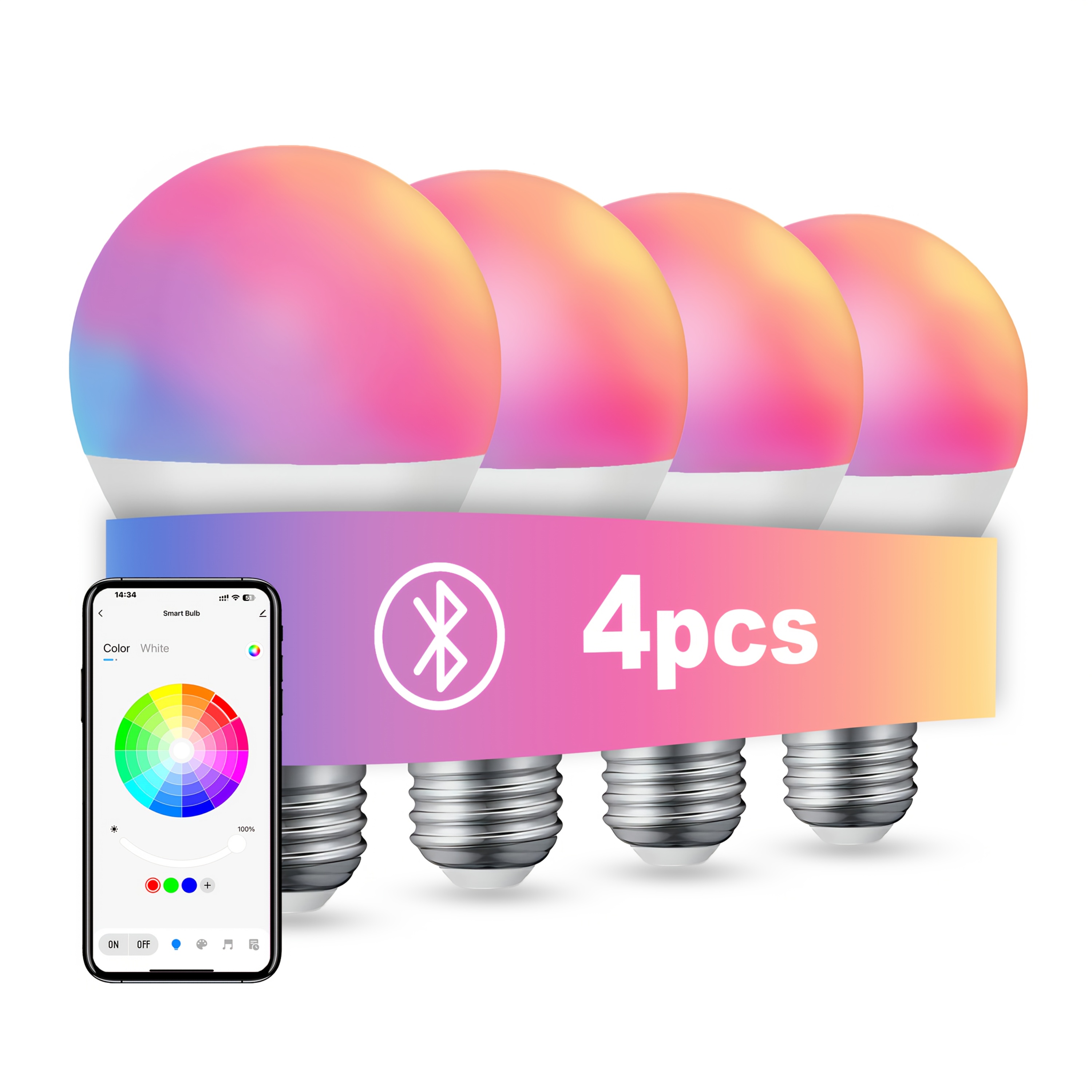 TEMU Led Smart Light Bulbs, 800lm Color Changing Light Bulb, Wireless Light Bulbs, Dimmable A19 60w Equivalent Smart Bulbs, 4pcs