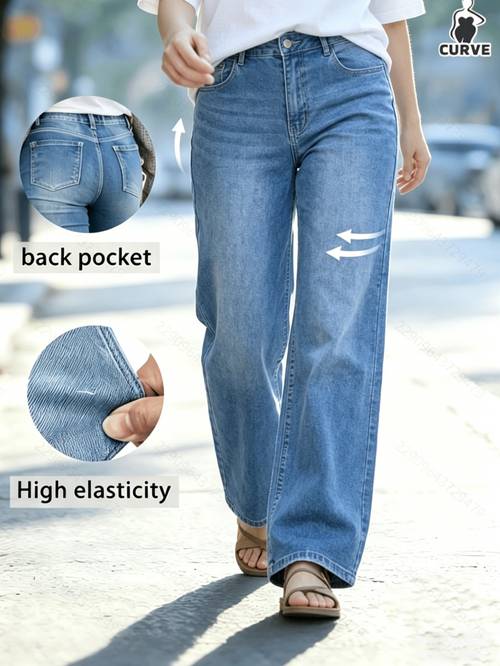item picture new womens plus size high stretch light blue washed straight leg jeans like breathable fabric special cut waistband fits without restrictive feel suitable for daily commuting casual parties and back to fabric