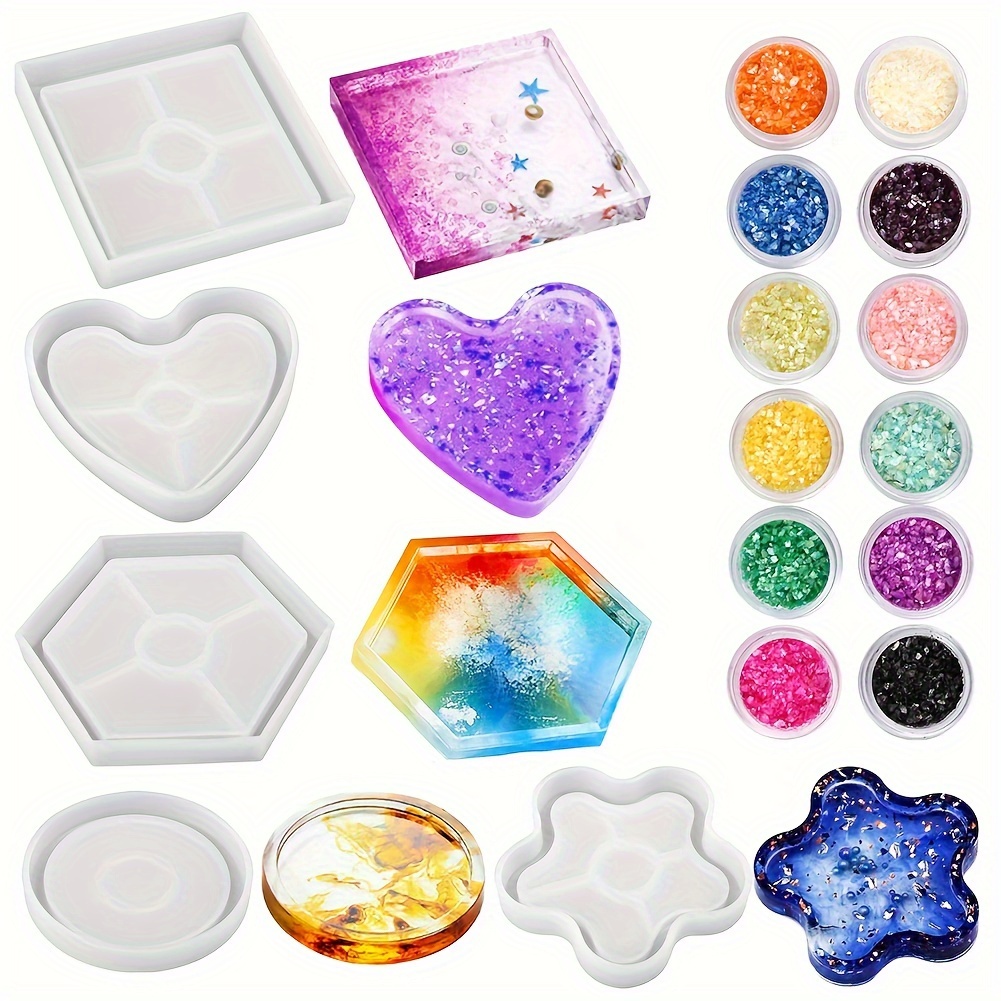 

Coaster Molds For Resin Casting, 5pcs Epoxy Resin Molds, Diy Art Silicone Molds, With 12 Colors Of Chunky Glitter Sequins, Round Hexagon Square Heart Flower Shape Pack