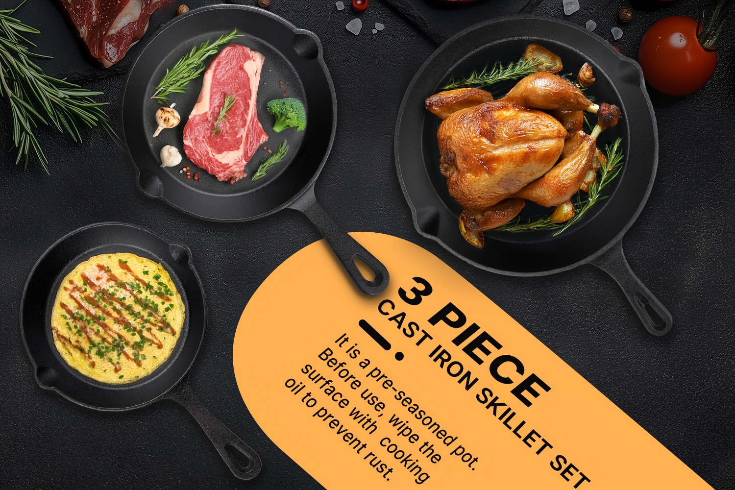 3pcs 4pcs cast set heavy duty pre cookware for heat non stick multi functional with ergonomic handles frying pans for indoor and outdoor cooking details 0
