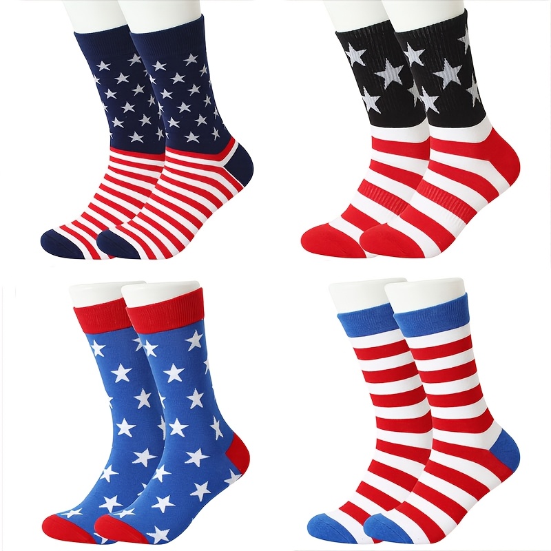 TEMU 4 Pairs Men's American Flag Socks - Mid-calf & High-calf Tube Suitable For 4th Of, Color Stripes & , Machine Washable Casual Novelty Socks For