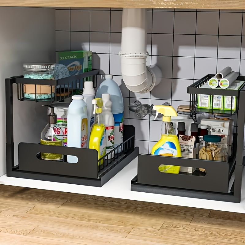 2 tier metal under sink organizer with slide out drawers black pull out storage rack for kitchen bathroom pantry closet   cleaning supplies spices food organization pantry storage   solution metal construction