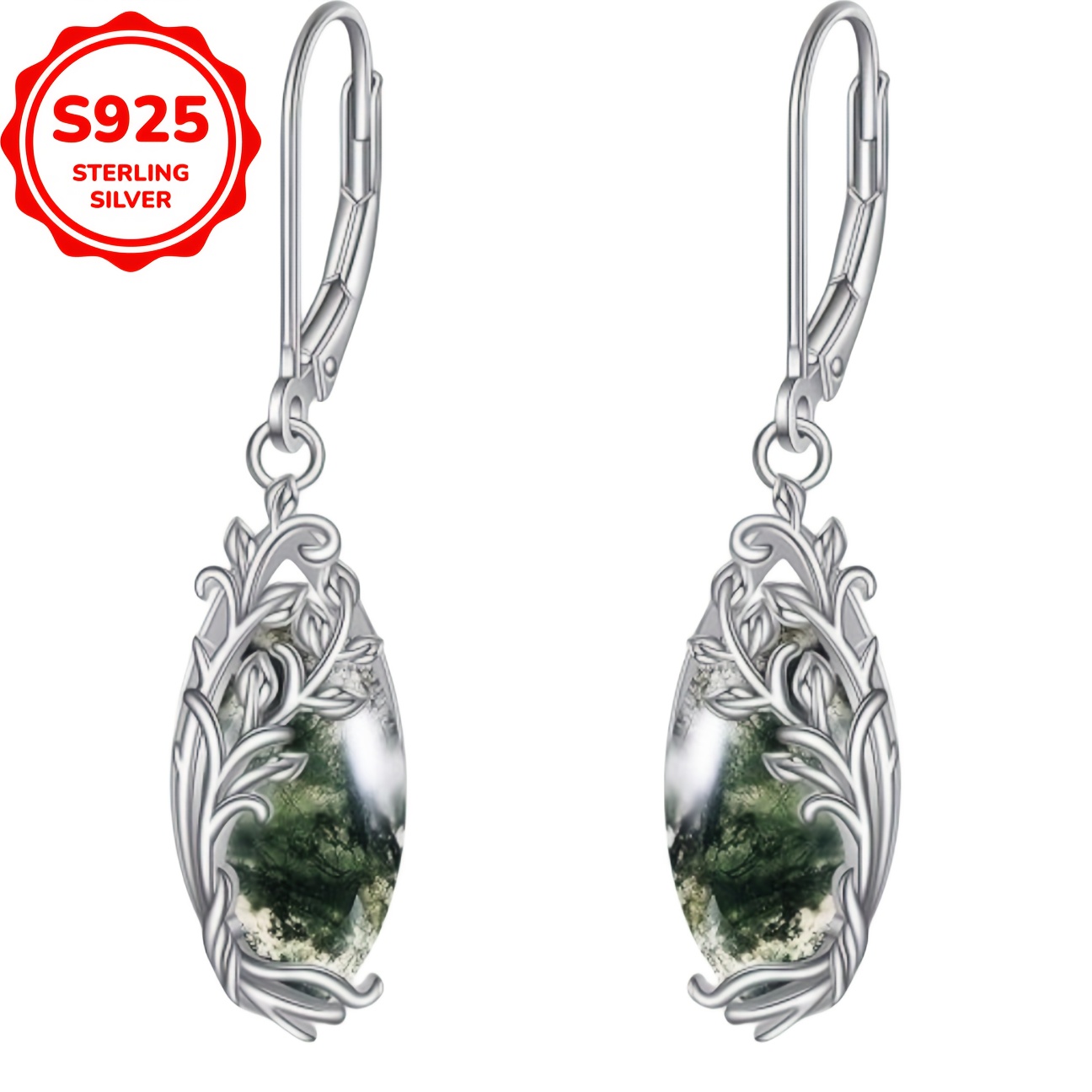 

2.8g S925 Pure Silvery Luxury Vintage Vine Water Drop Shape Water Grass Agate Earrings For Women With Gift Box