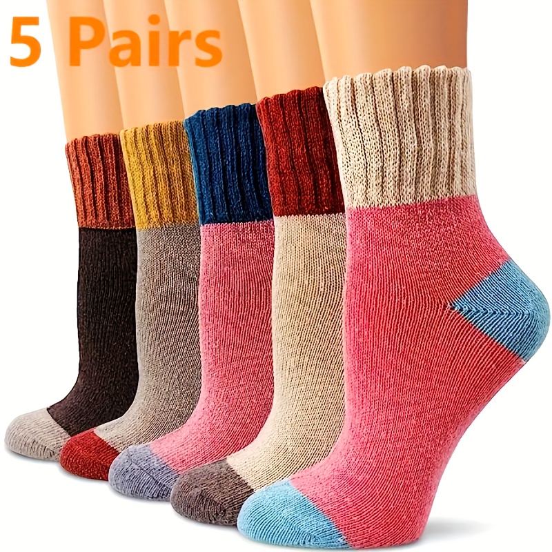 

5 Pairs Women’s Block Mid-calf Socks - Warm Knit Ribbed Cuffs, Outdoor Socks In Brown, Blue, Beige & Pink, Cozy Outdoor Socks | Ribbed Cuff Socks | Soft Texture Socks