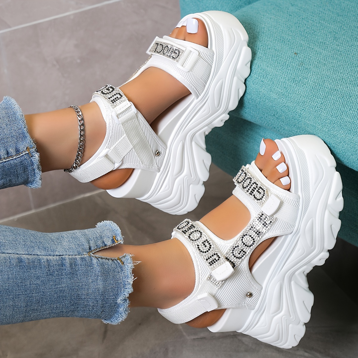 Image of 2024 Summer Rhinestone Women's High Heel White Sandals, Breathable, Versatile, Lightweight, Platform With High Quality Sole,,, Thick Sole, Wedge Heel Sandals For Women, Women Shoes