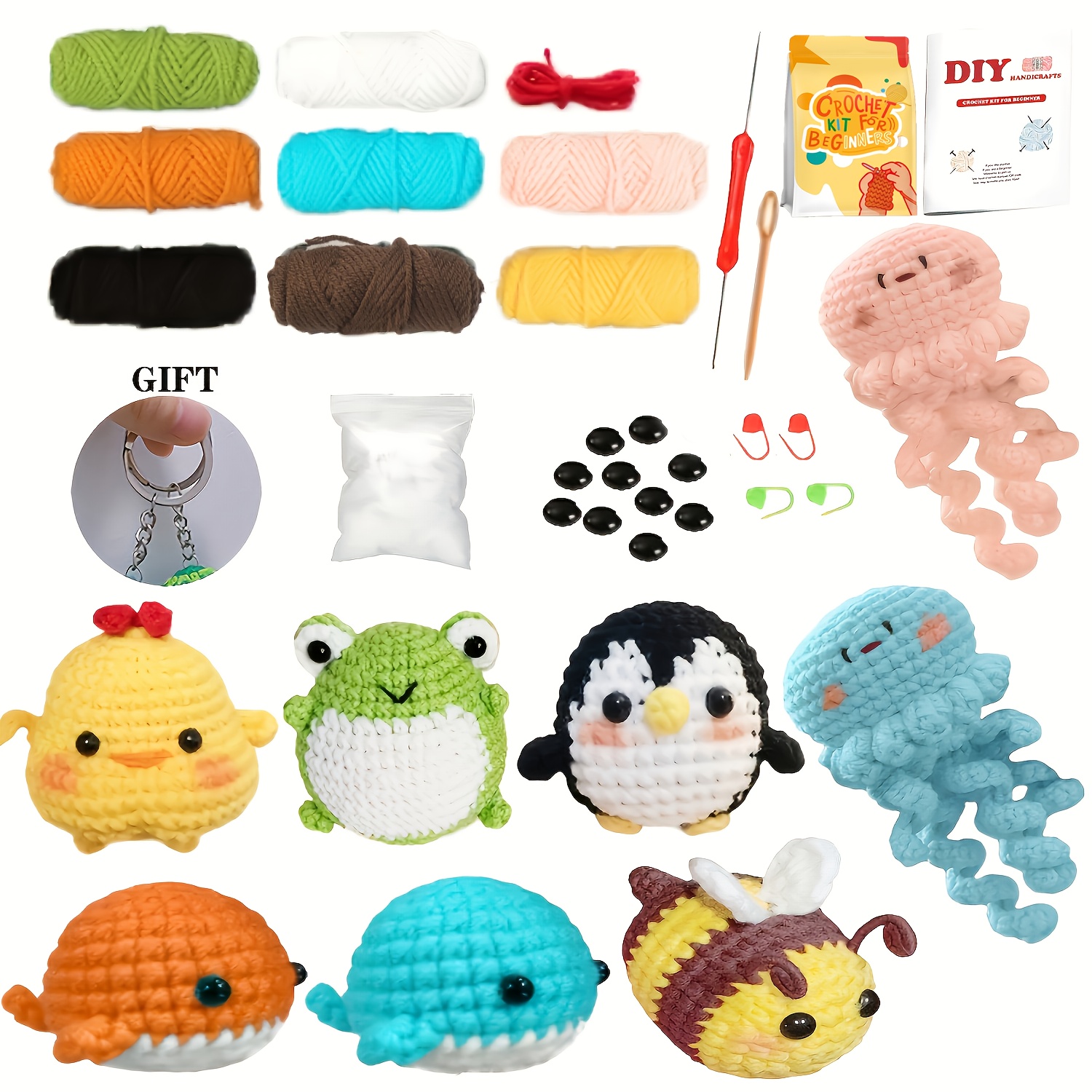 Kit de crochet complet de 8 pièces pour débutants, animaux mignons, kit de démarrage au crochet avec vidéo étape par étape, kit de bricolage avec porte -clés rembourré en fil pour adultes