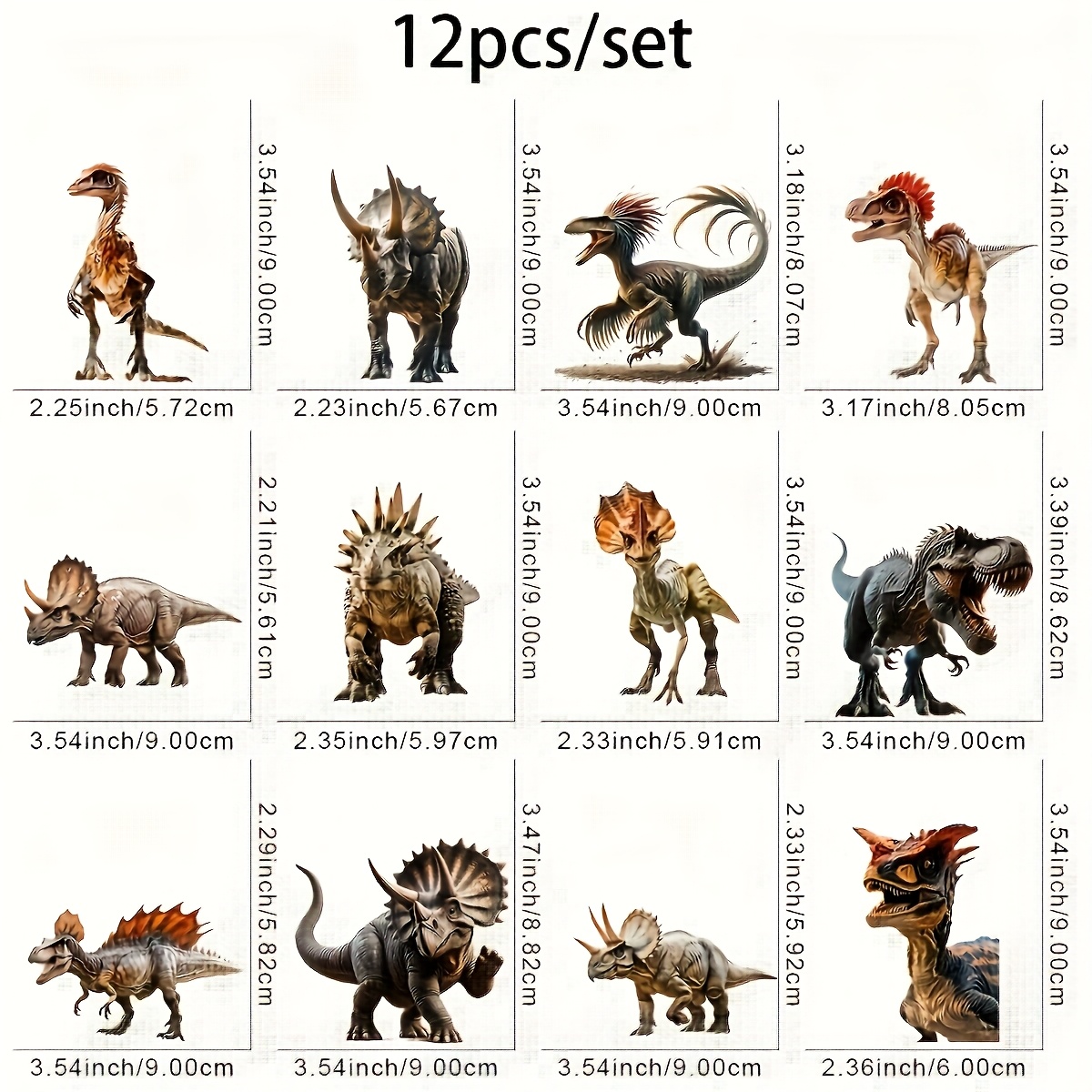 E-shop Set mit 12 Dinosaurier-Themen DTF-Transferaufklebern zum Aufbügeln, waschbare Wärmeübertragungsdesigns, bereit zum Aufbügeln, geeignet für