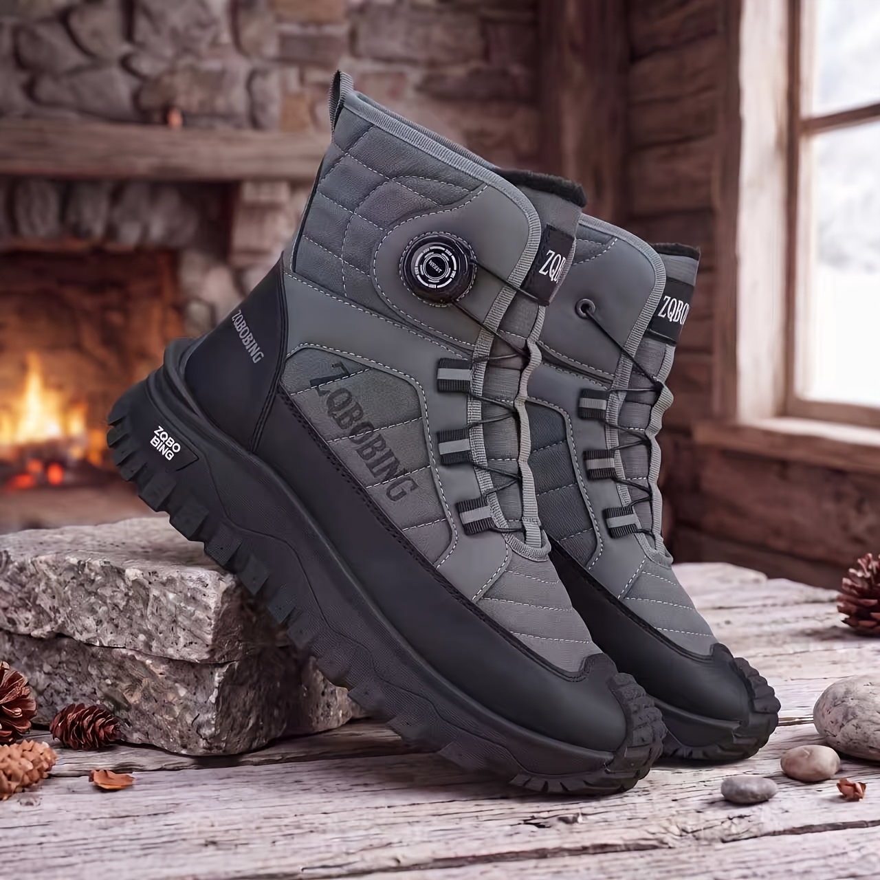 TEMU Men's Autumn Winter Fleece-lined Wide Toe Boots - Mid-calf Synthetic Upper, Durable Pvc Sole, Fabric Hiking Pad, Gym, Casual Wear -