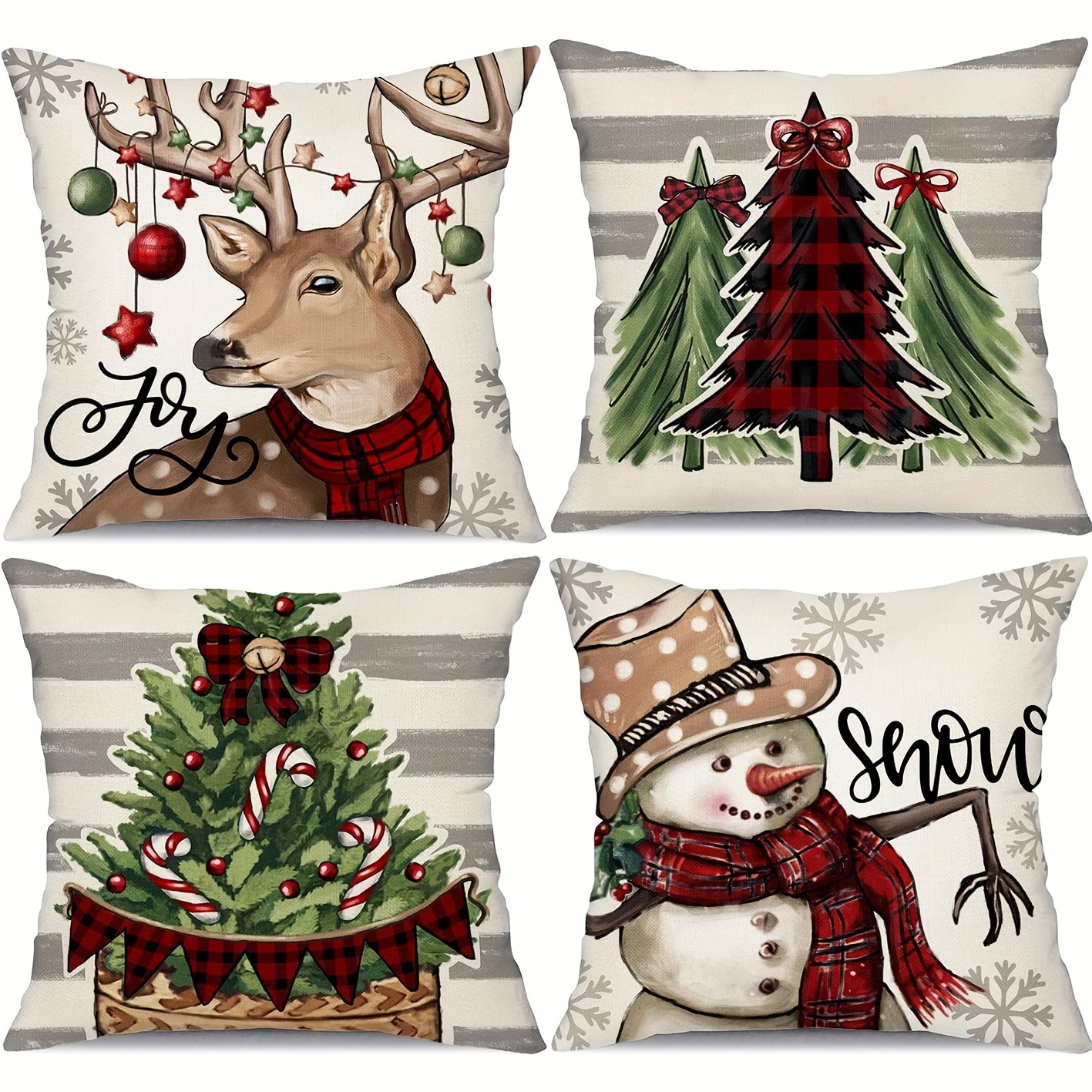 

4-piece Set Festive Christmas Pillow Covers 18x18 Inch - Snowman & Reindeer Design With Red & Black Plaid Scarf Accent, Linen Blend, Zip Closure - Perfect For Holiday Home & Sofa Decor