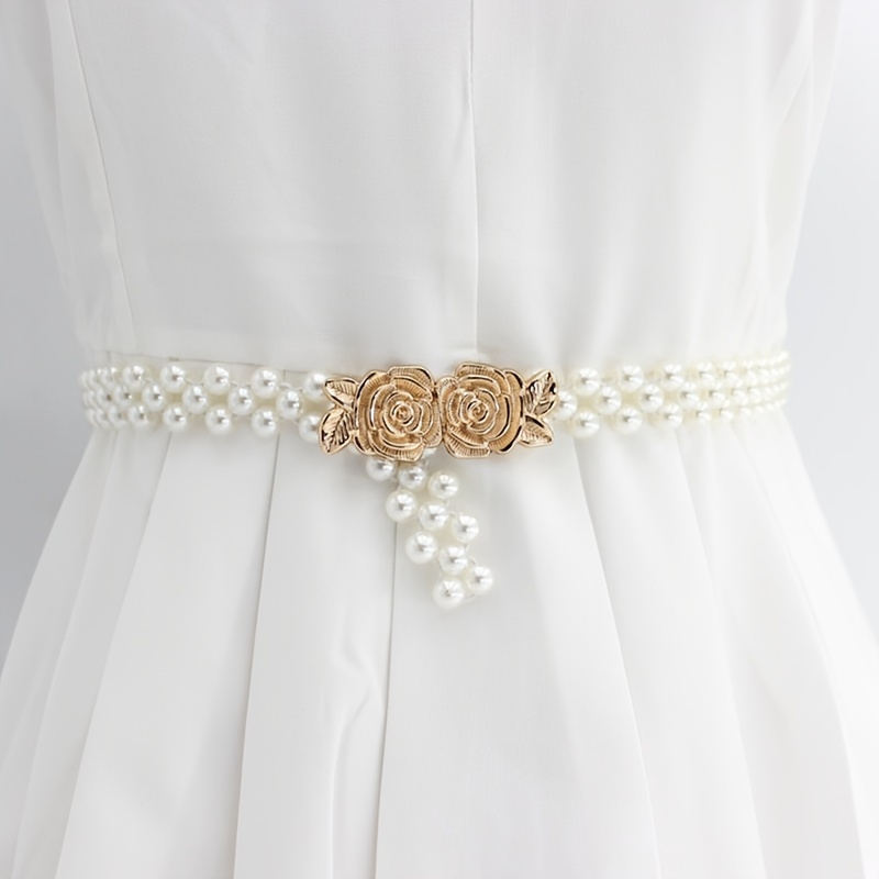 

[ Comfort] Elegant Women's Pearl And Rose Golden Waist Chain Belt - Fashion Accessory For Dresses, Blouses, And Coats, Party Outfit Enhancer|pearl Embellished Belt|beaded Pearl Accents