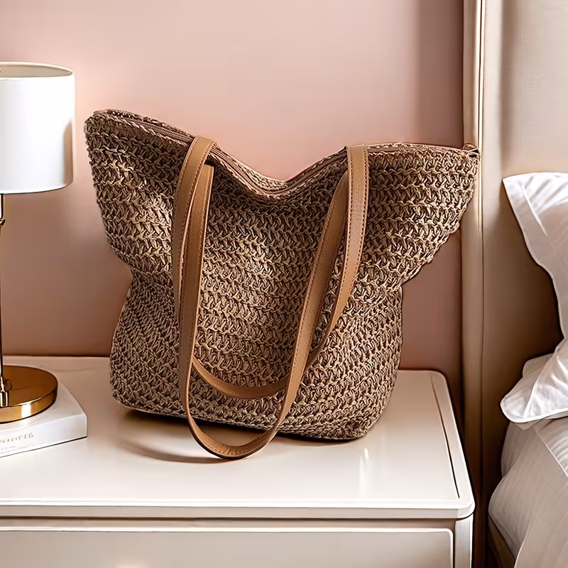 casual french large capacity woven forest tote bag summer beach straw bag one shoulder armpit tote bag khaki 1 6