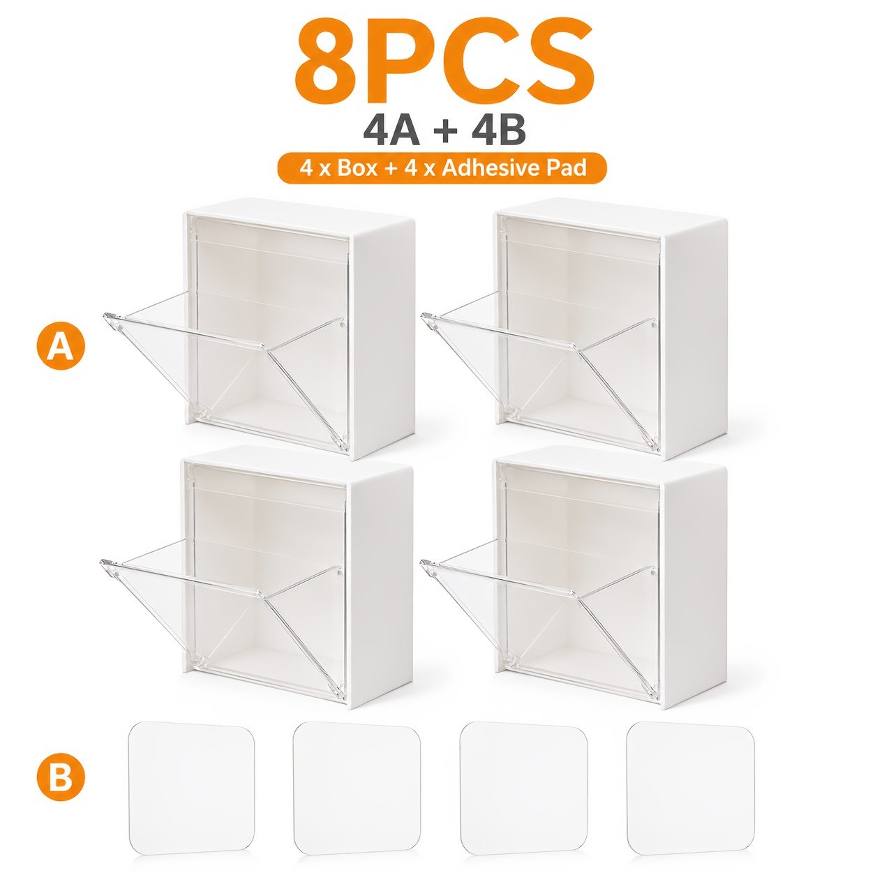 TEMU (4pcs And 4pcs Stickers) Wall-mounted Transparent Storage Boxes, Bathroom Vanity Organizer For Small Items, Swab Rack, Makeup Bag, Hair Clip