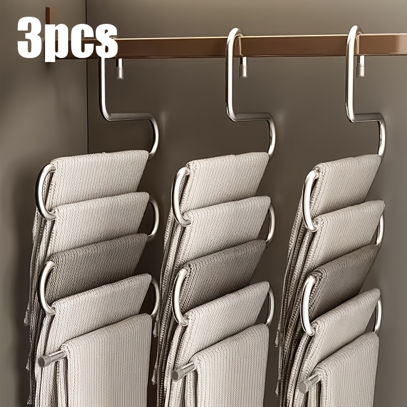 TEMU 3pcs - 5-layer Stainless Steel Space-saving Wardrobe Storage Rack - Anti-slip Seamless Metal Pants Hanger For Jeans, Trousers And Skirts, For